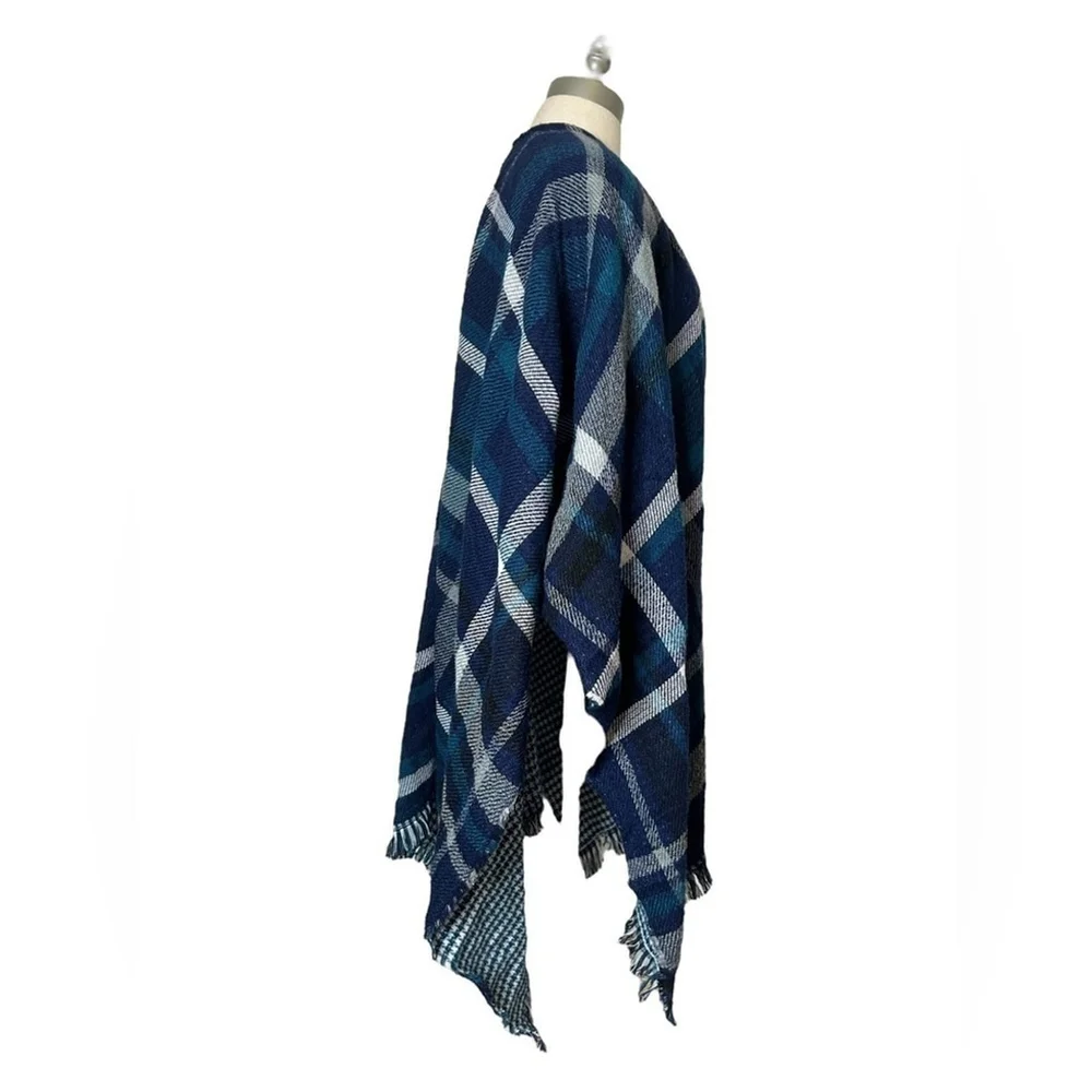 Steve Madden Blue Turquoise Reversible Plaid Houndstooth Shawl Scarf Wrap - Picture 5 of 13